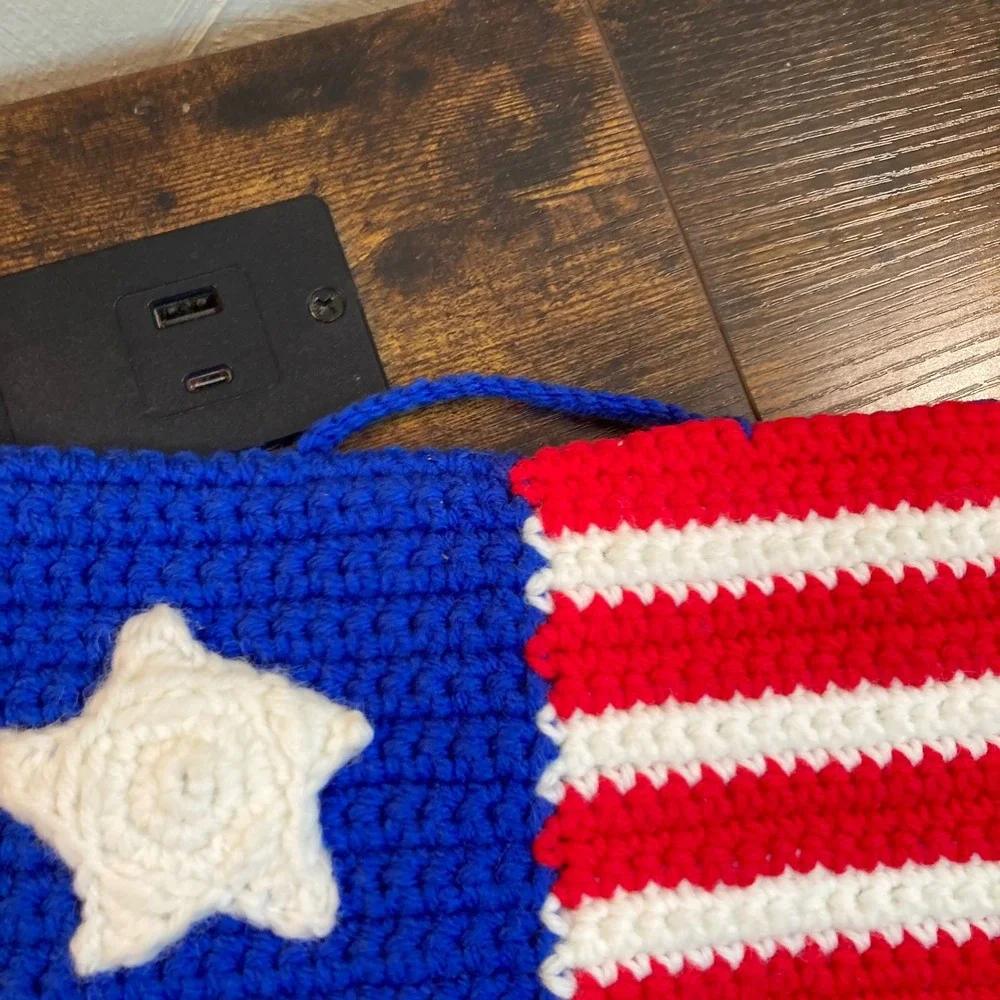 Handmade Crochet American Flag Wall Hanging Patriotic Red White Blue Decor 11x8